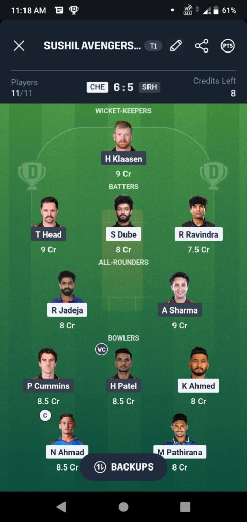 CHE vs SRH 25 अप्रैल 2025